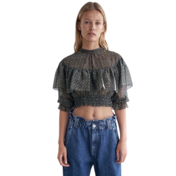 New! ZARA Metallic Thread Ruffles Smock Cropped Printed Blouse Top - Picture 1 of 16